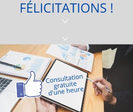 Visuel pour Facebook: dévoilement du gagnant au concours. gens d'affaires à leur bureau avec des rapports, flèches qui pointent l'inscription : consultation gratuite d'une heure