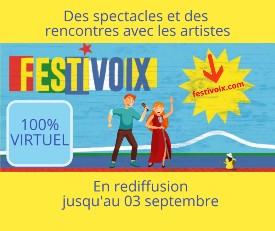 Visuel pour Facebook annonçant un festival virtuel: 2 personnes chantent au micro