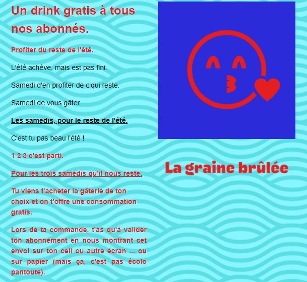 Image du début d'une infolettre promotionnelle pour un café de quartier. Logo et informations.