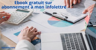 Visuel de l'annonce d'un ebook gratuit sur abonnement à l'infolettre: papier, portable et calculatrice avec gens à la tâche